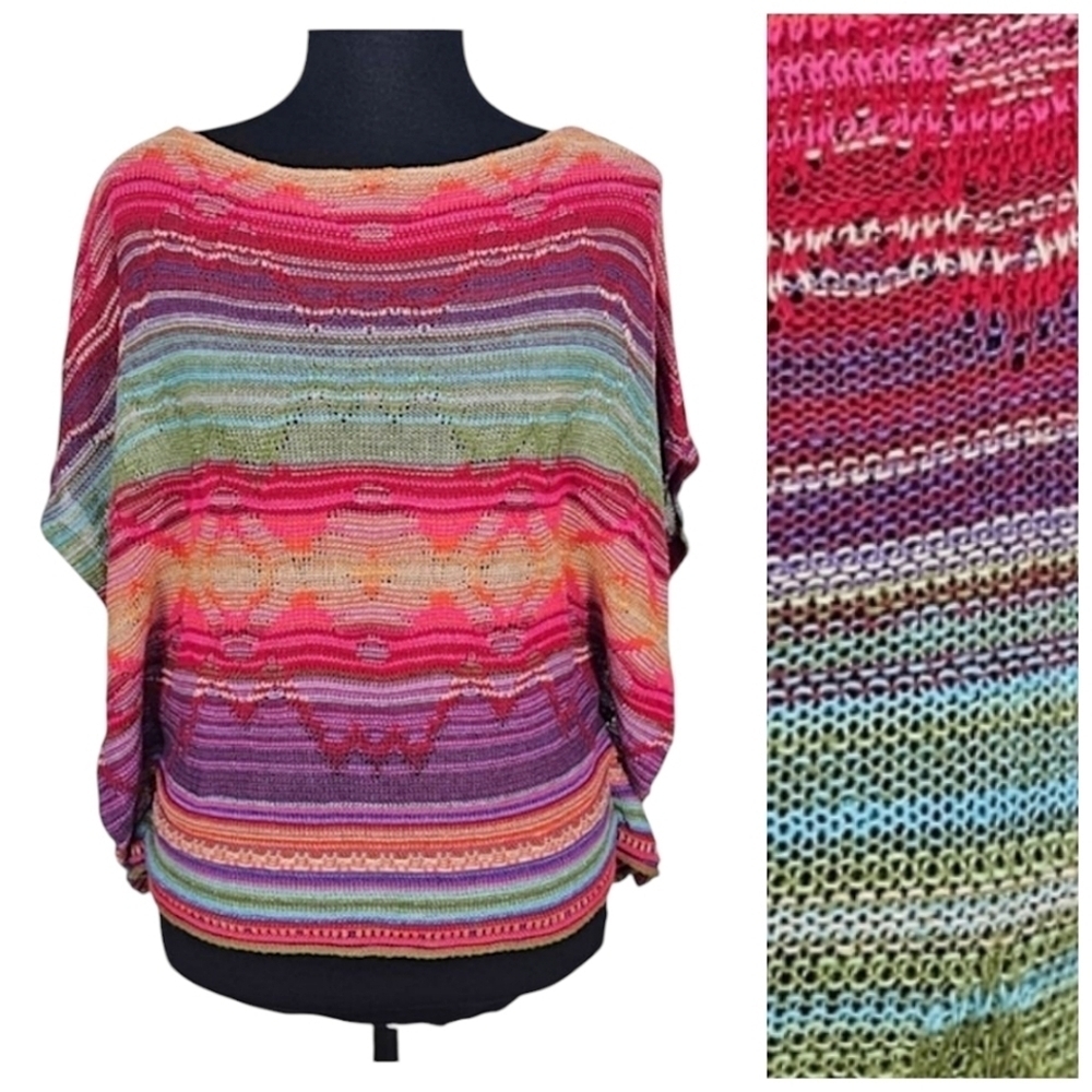 Lauren Ralph Lauren Rainbow Striped Linen Cotton Southwestern Poncho Sweater PXS